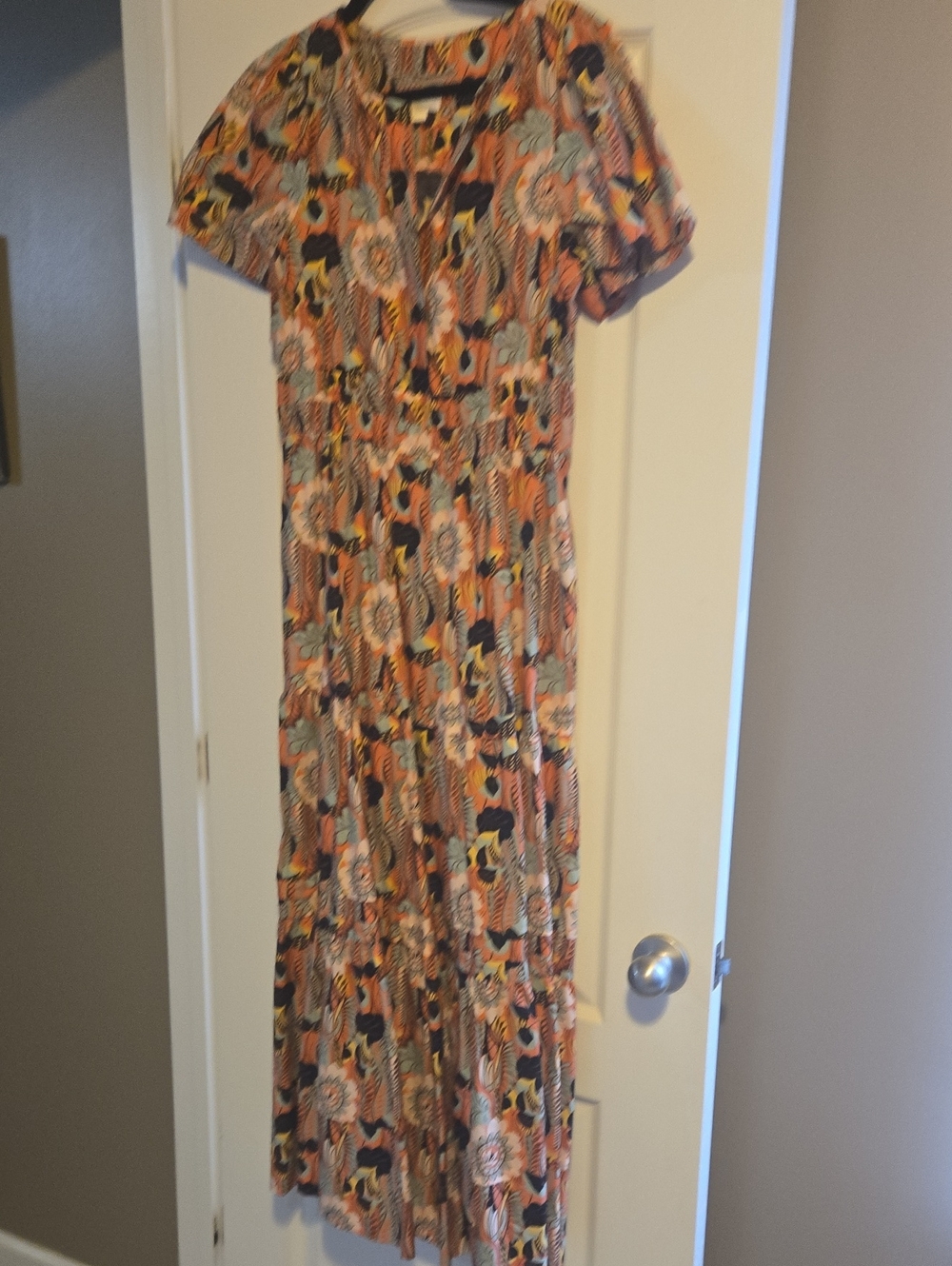 Anthropologie Orange, Black, Cream and Yellow Patterned Maxi Dress